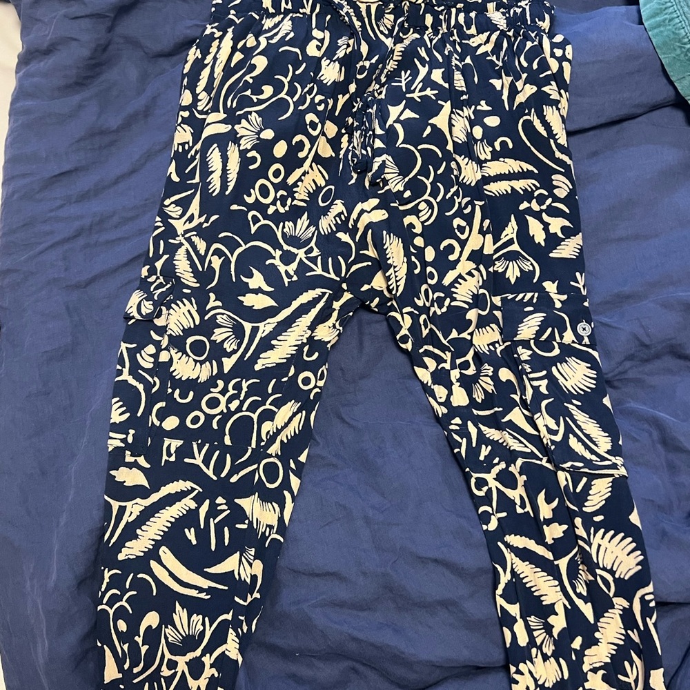 Anthropologie Navy and Cream Printed Pants